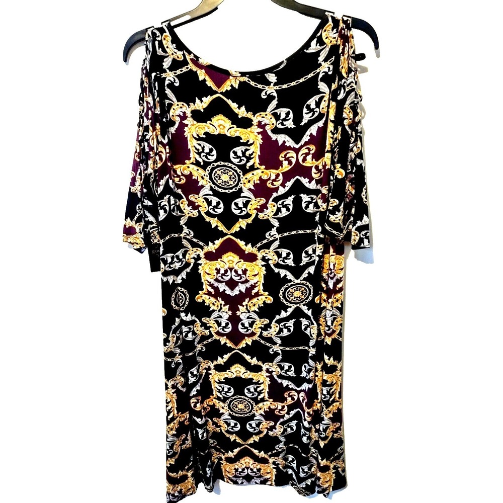 Goddess Tunic Top 1X Women Baroque Gold Chain Cold Shoulder Bold Black Plum Y2K